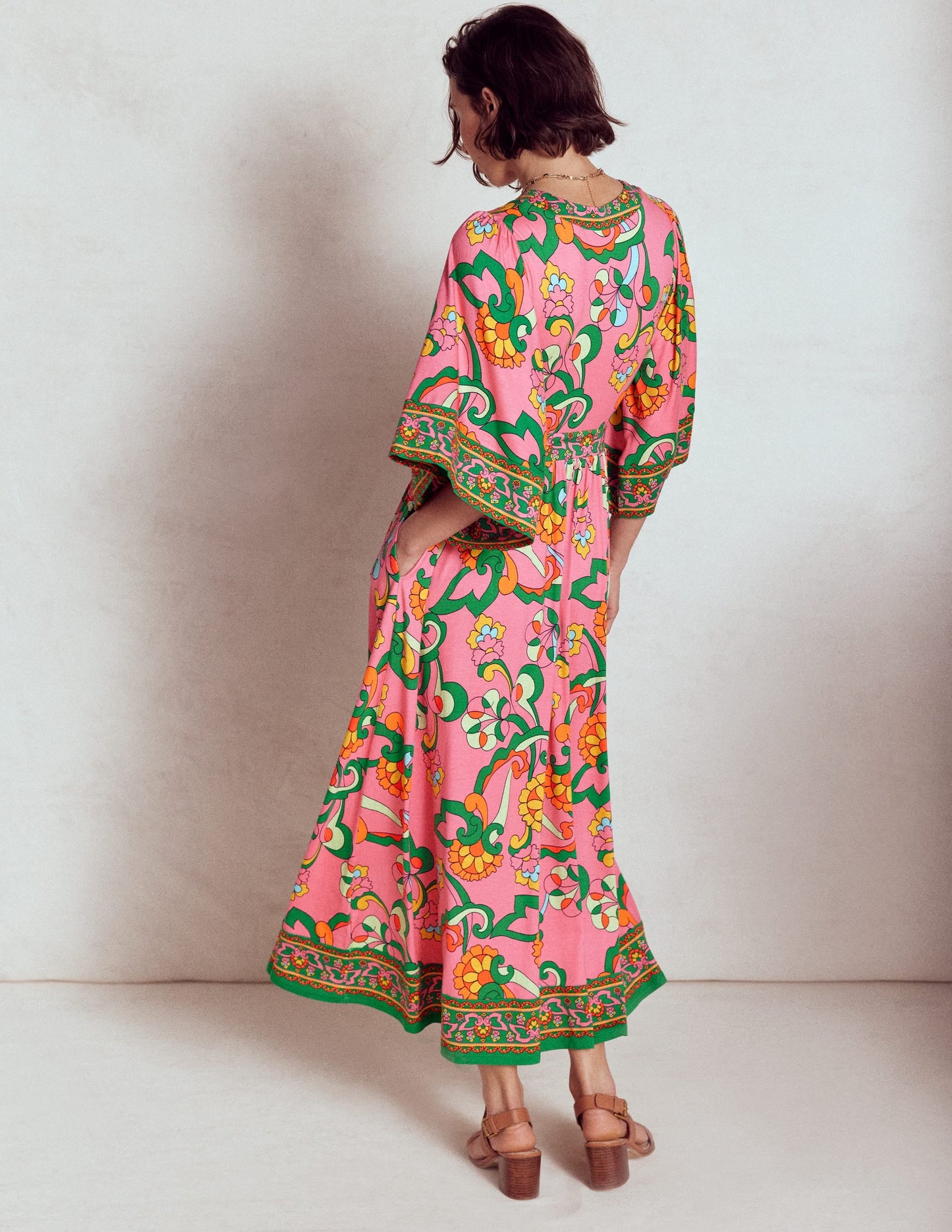 Maya Kimono Jersey Maxi Dress-Pink Rose, Foliage Trail