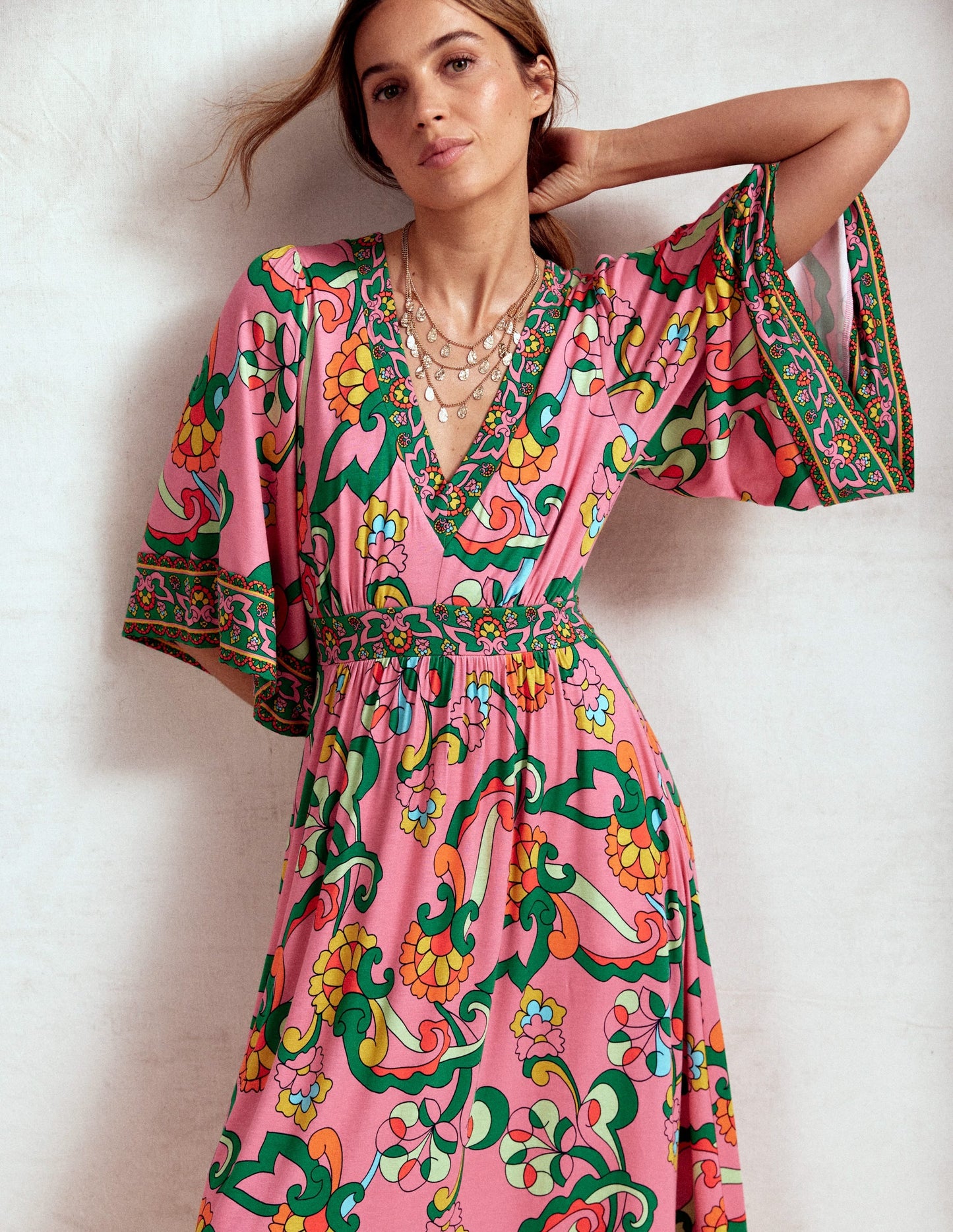 Maya Kimono Jersey Maxi Dress-Pink Rose, Foliage Trail