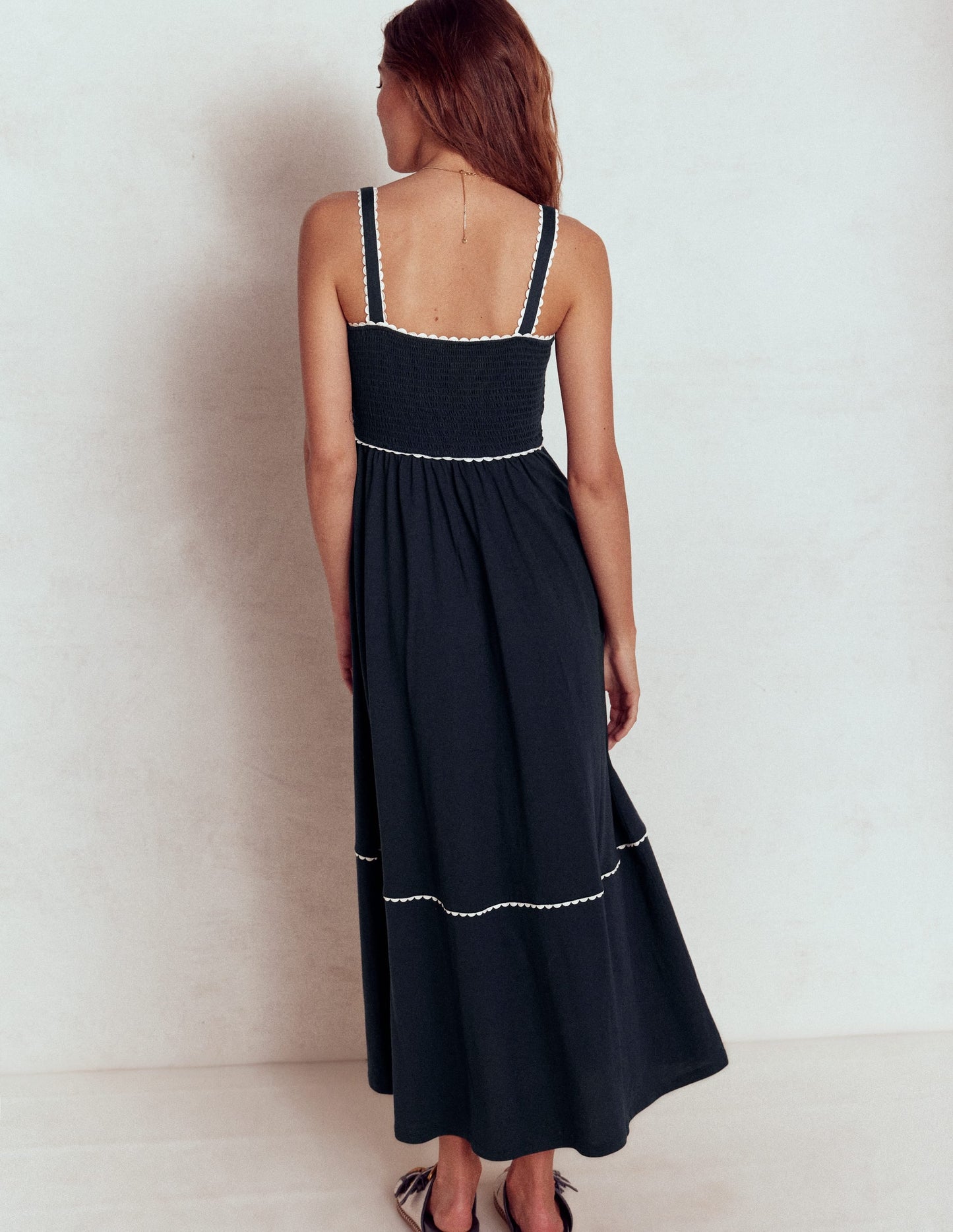 Smocked Trim Maxi Dress-Navy