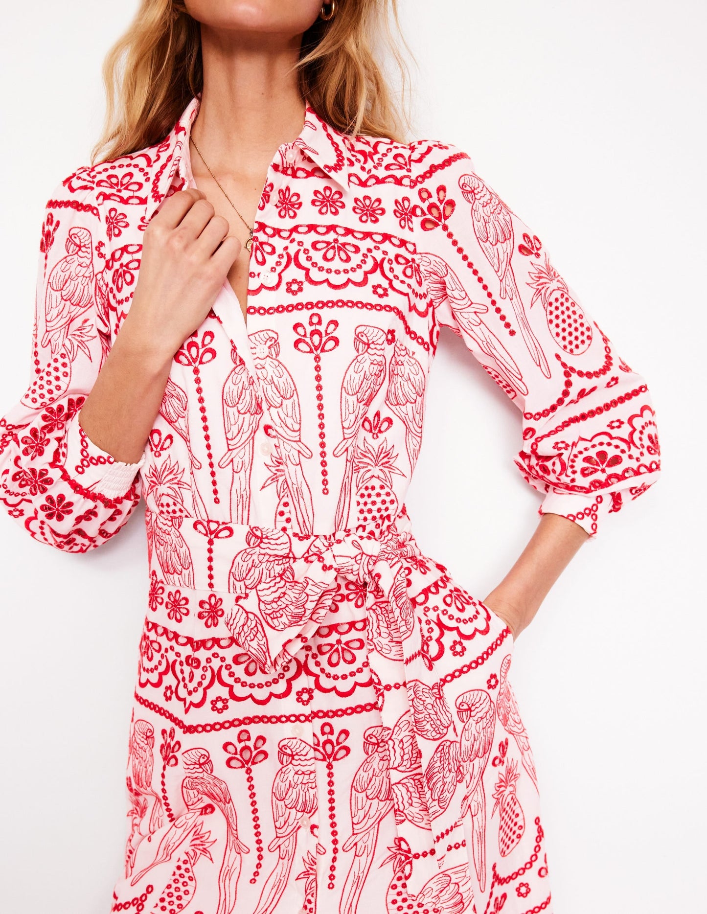 Clara Broderie Shirt Dress-Poppy Red, Parrot Broderie