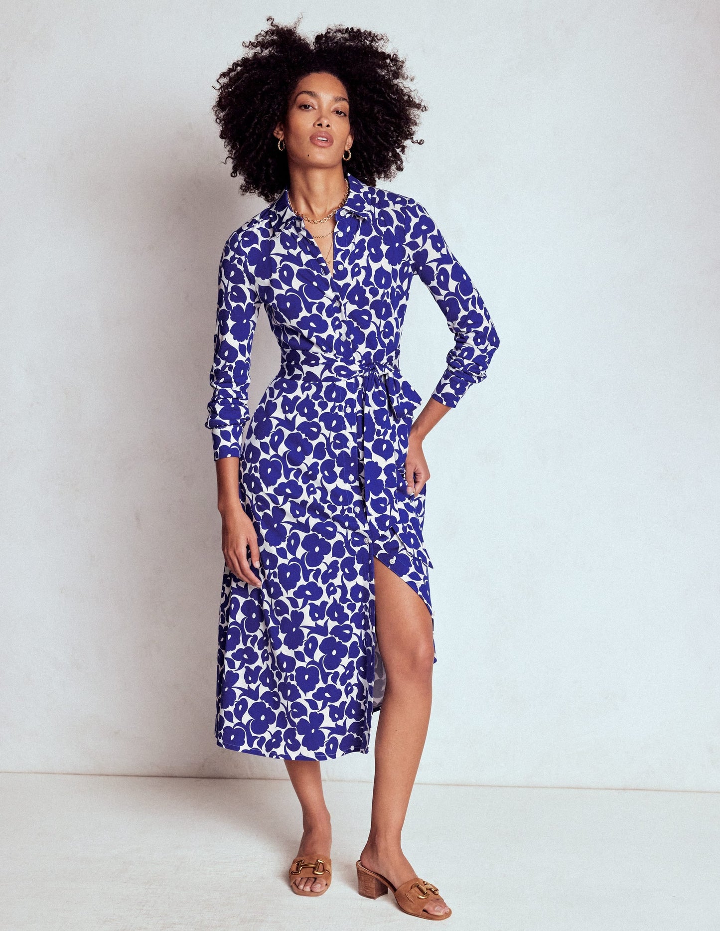 Marcia Jersey Shirt Dress-Bright Blue, Leafy Grove