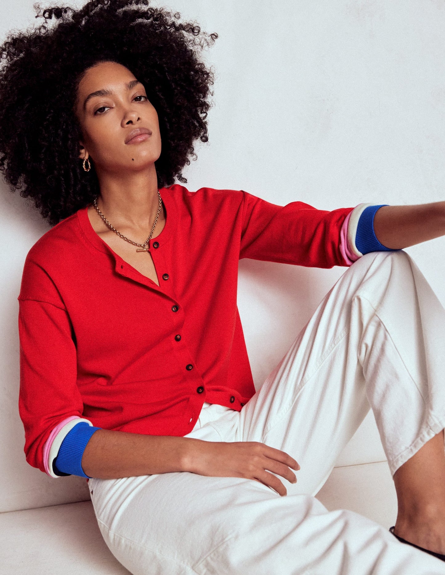 Lara Relaxed Cotton Cardigan-Poppy Red, Cuff Stripe