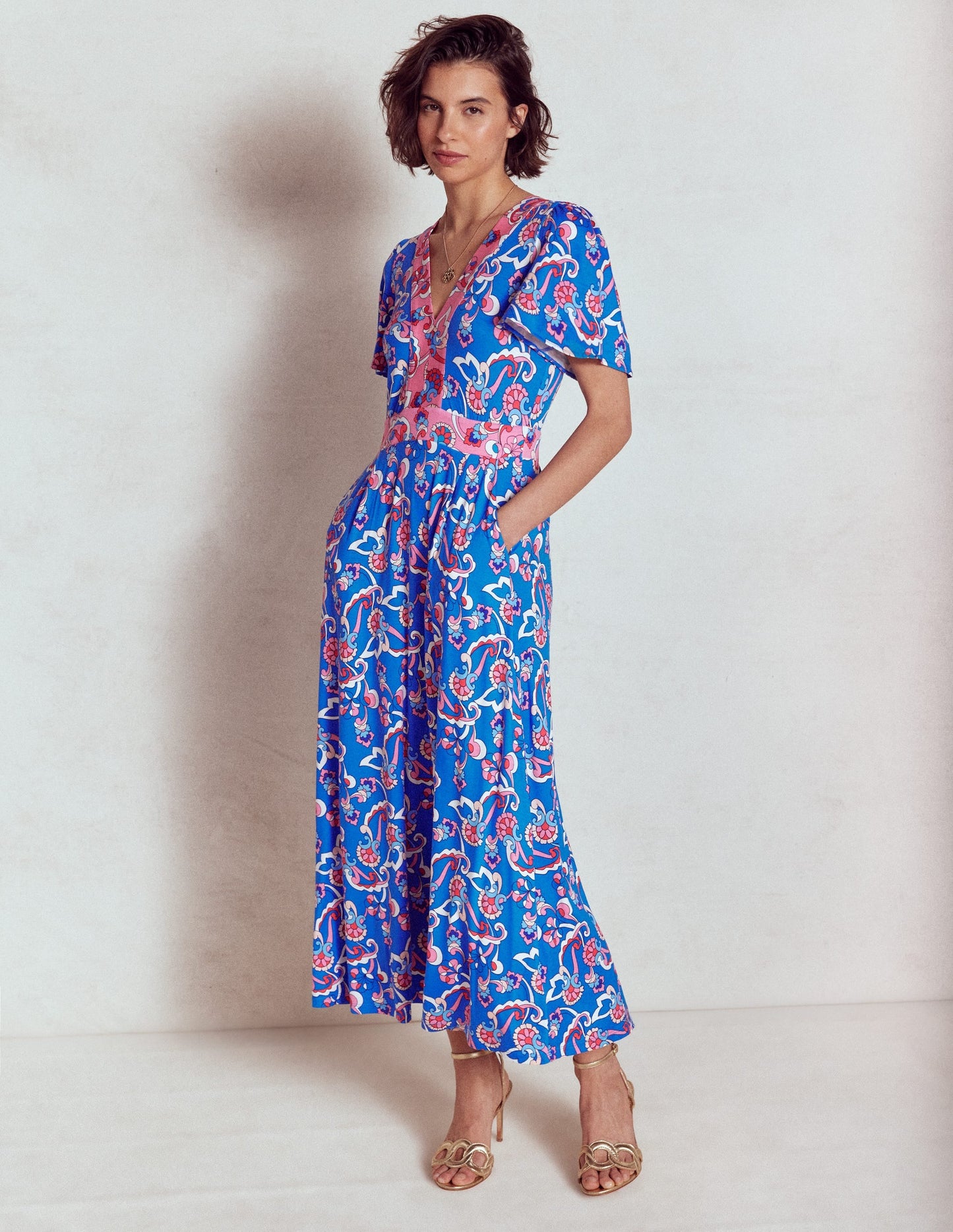 Ellie Flutter Maxi Tea Dress-Kingfisher Blue, Foliage Trail