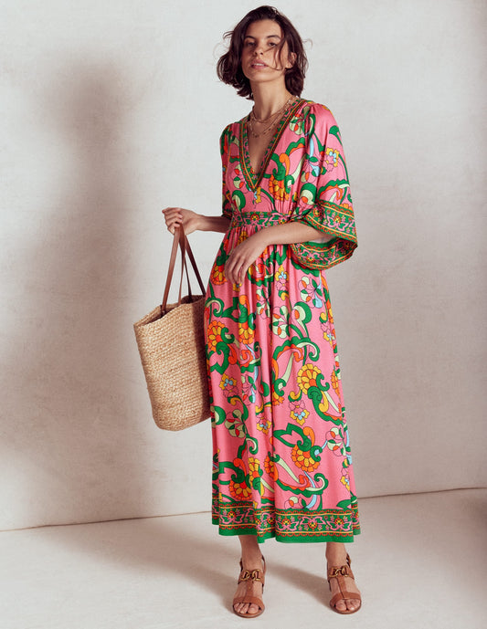 Maya Kimono Jersey Maxi Dress-Pink Rose, Foliage Trail