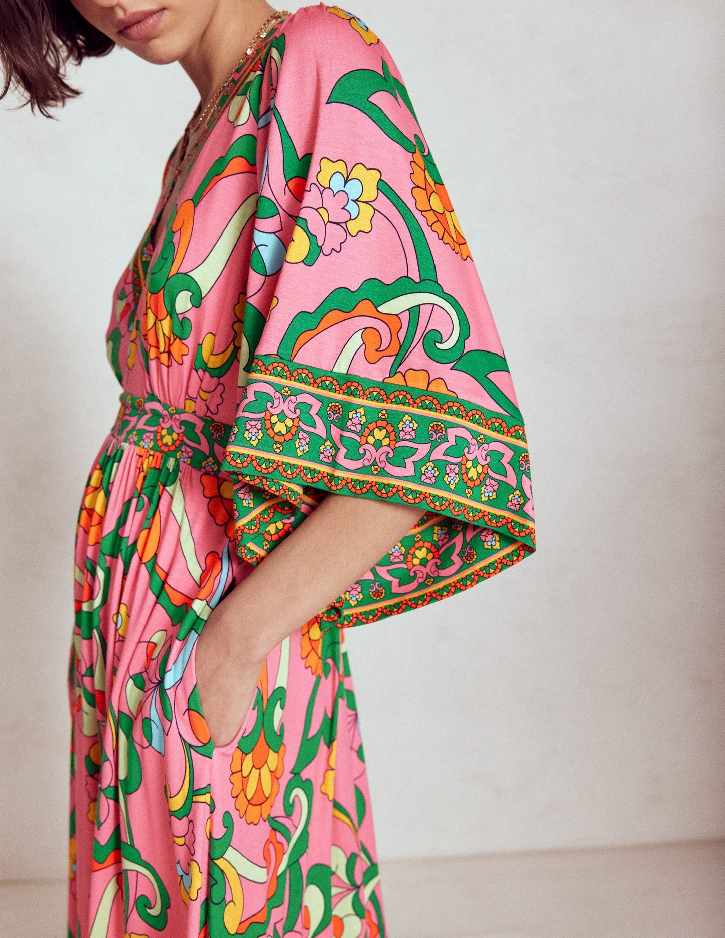 Maya Kimono Jersey Maxi Dress-Pink Rose, Foliage Trail