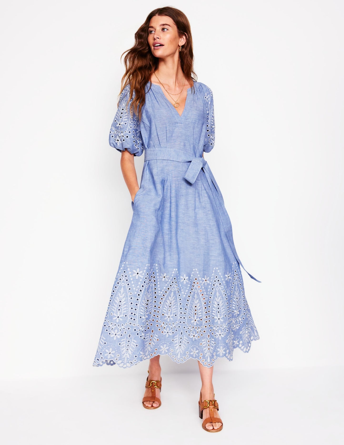 Puff Sleeve Embroidered Dress-Grey Blue Chambray