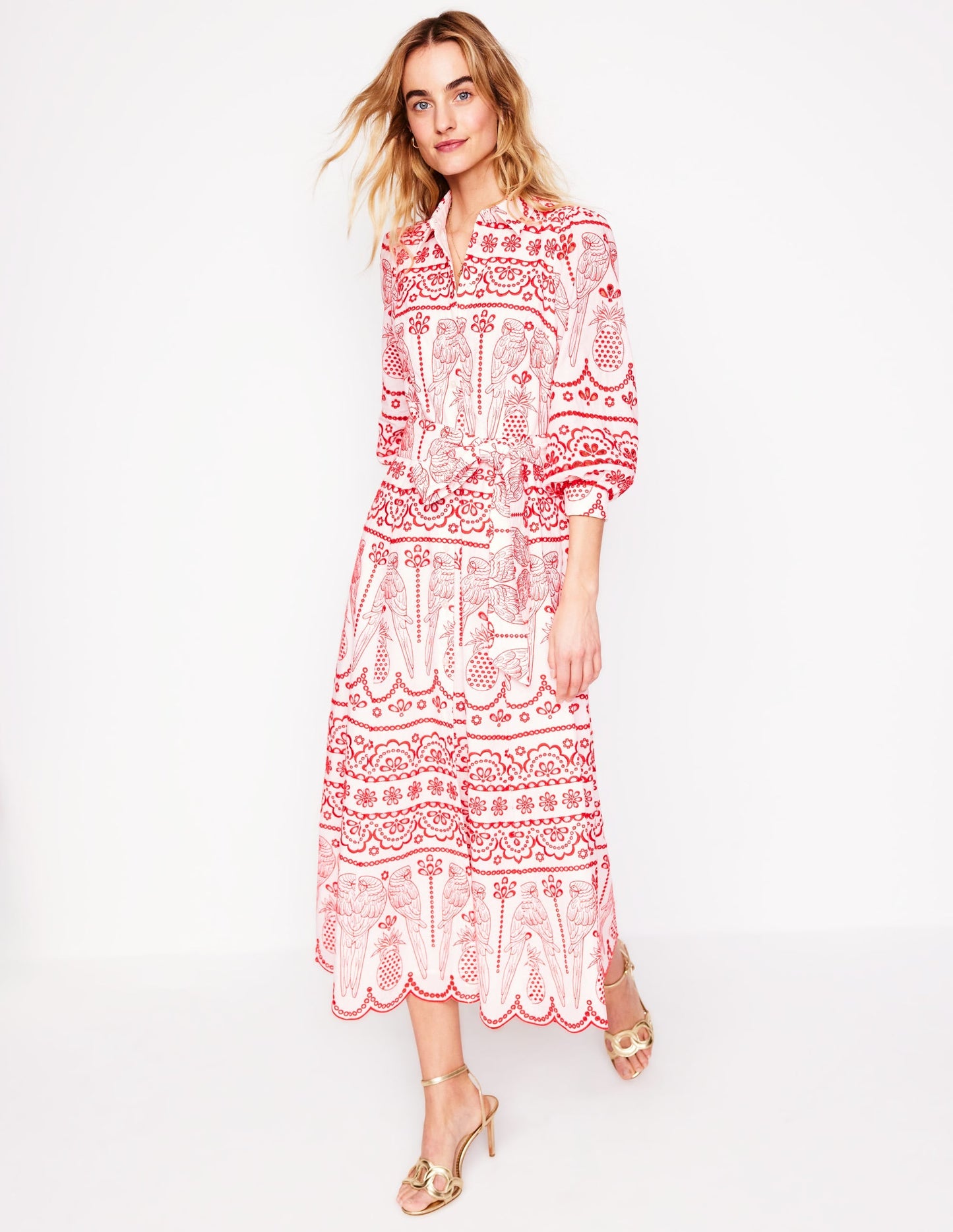 Clara Broderie Shirt Dress-Poppy Red, Parrot Broderie