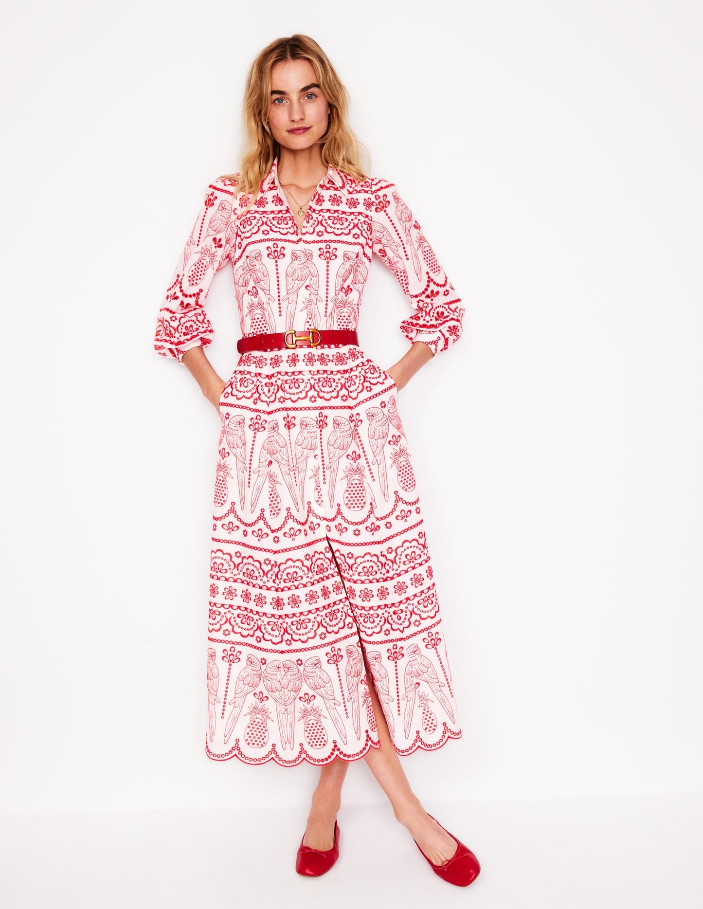 Clara Broderie Shirt Dress-Poppy Red, Parrot Broderie