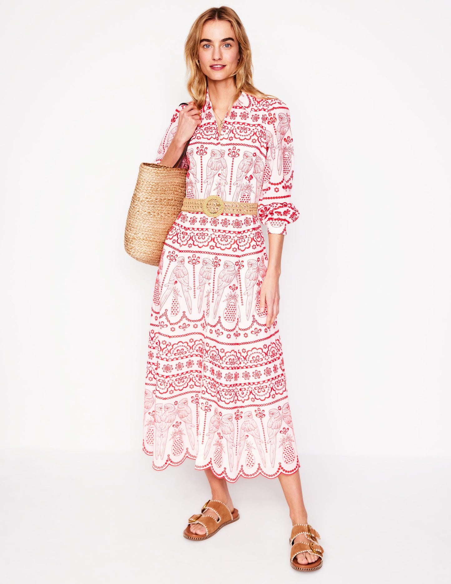 Clara Broderie Shirt Dress-Poppy Red, Parrot Broderie